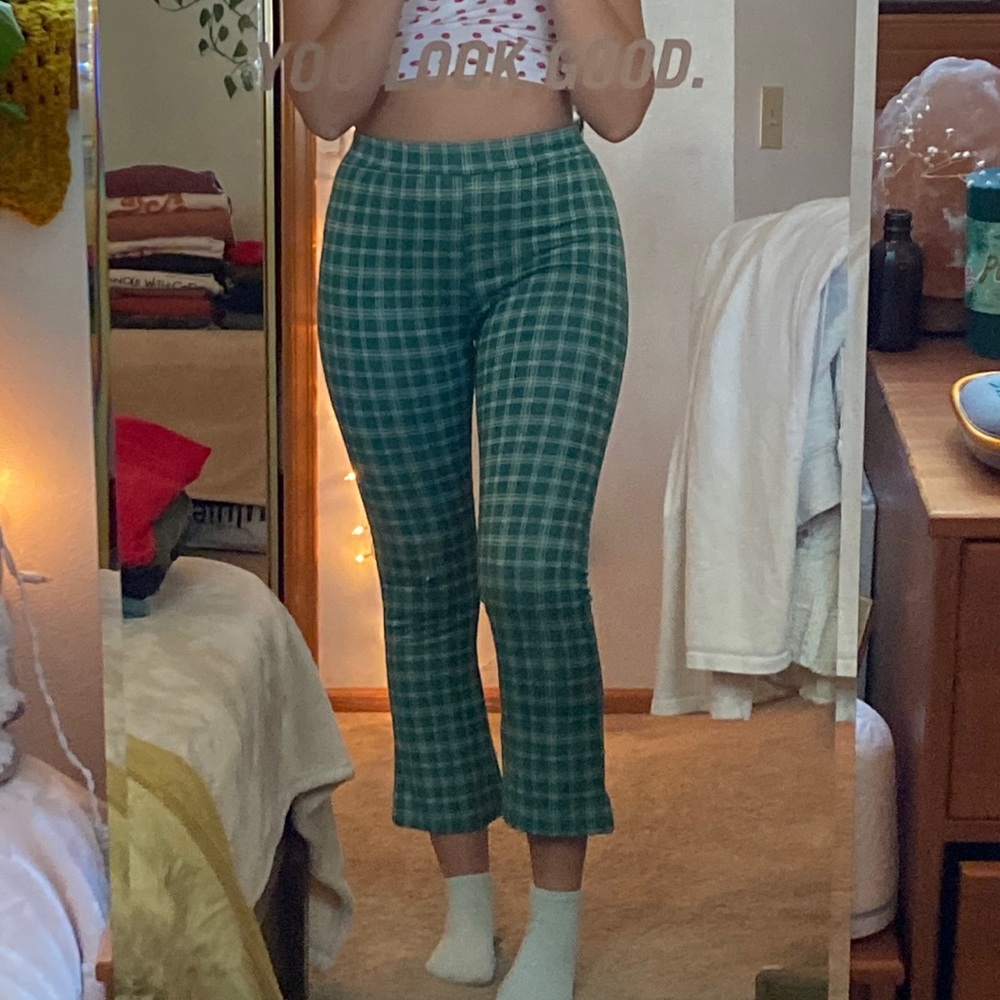 URBAN OUTFITTERS stretchy green plaid kick flare pants